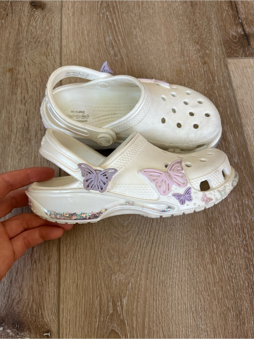 CROCS Kids Pearl White Sandals with Pink & Lavender Butterfly Charms